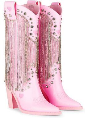 Vegan Leather Cowboy Boots with Rhinestone Fringe & Jewel Studs - Perfect for